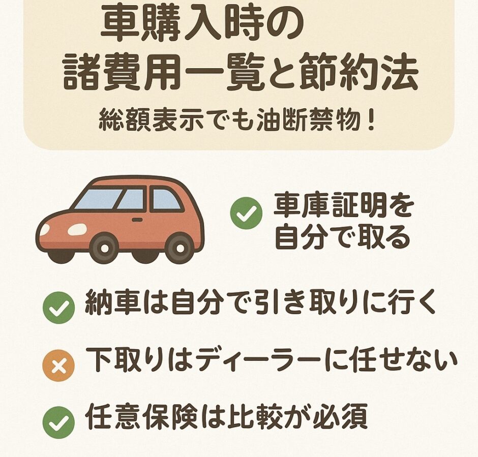 車購入時の諸費用一覧と節約方法を解説した図