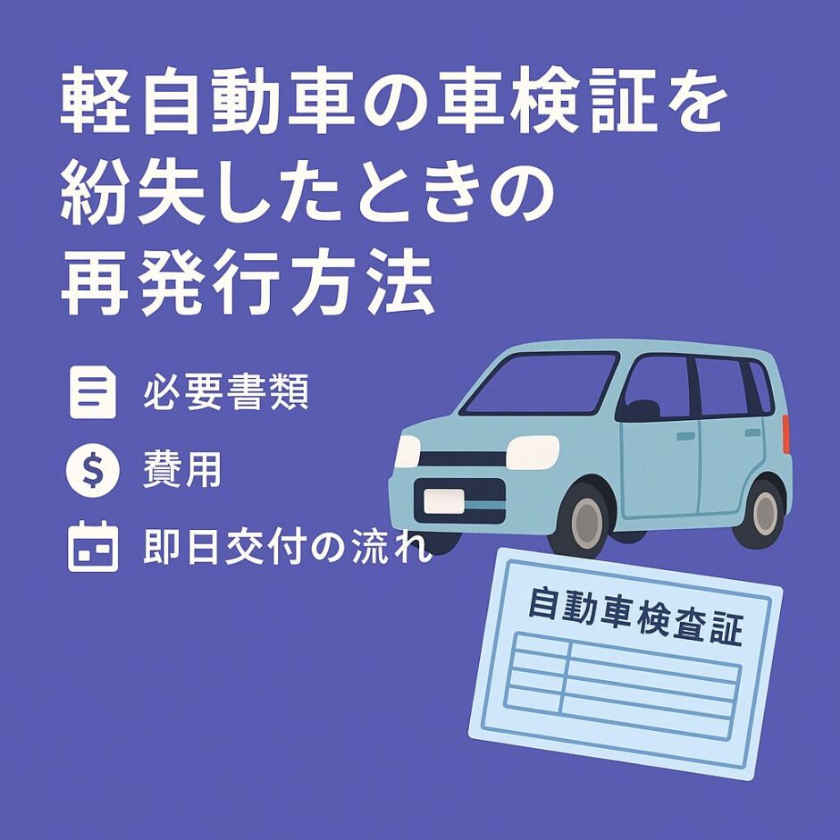 【2025年版】軽自動車の車検証を紛失したときの再発行方法を解説するアイキャッチ画像。ブルー背景に軽自動車と車検証のイラスト、必要書類・費用・即日交付の流れの文字入り