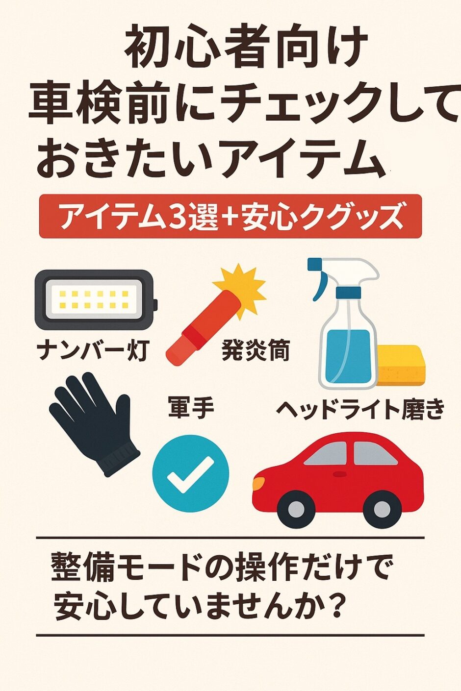 初心者向けの車検前チェックアイテムを紹介するイラスト。ナンバー灯、発炎筒、軍手、ヘッドライト磨きなどのアイテムと赤い車のイラスト。『整備モードの操作だけで安心していませんか？』の文字付き