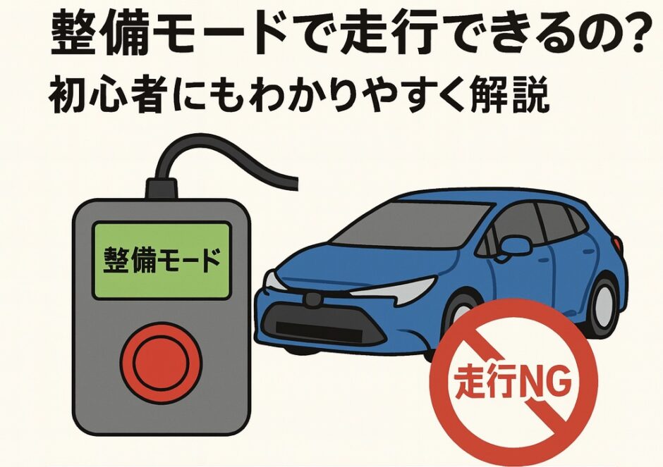 整備モードの切替スイッチと青いハイブリッドカーのイラスト。赤い禁止マークと『走行NG』の文字で、整備モード中の走行はできないことを説明している。