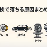 車検で落ちる原因まとめ｜ライト・ブレーキ・排ガス・タイヤ・下回りの不合格ポイントをイラストで分かりやすく解説した画像