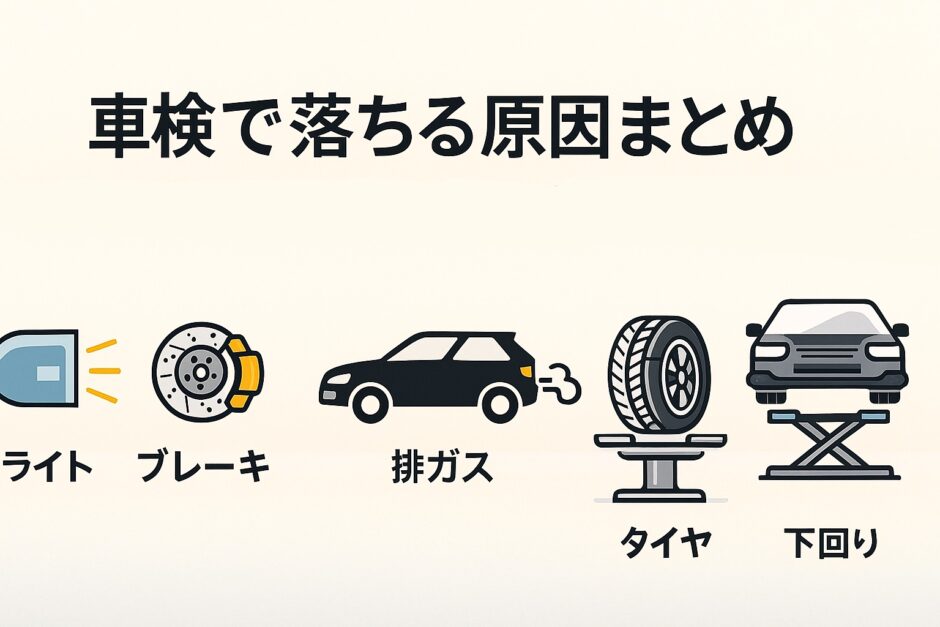 車検で落ちる原因まとめ｜ライト・ブレーキ・排ガス・タイヤ・下回りの不合格ポイントをイラストで分かりやすく解説した画像