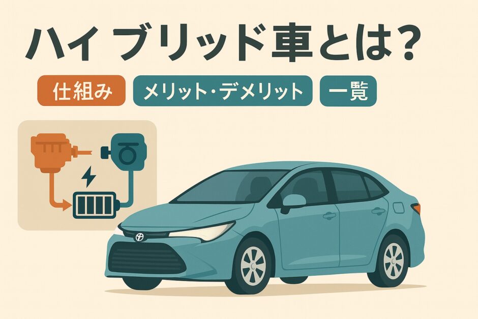 ハイブリッド車とは？の解説用アイキャッチ画像。ガソリンエンジンとモーターの仕組み図と、青いハイブリッド車のイラストを横長に配置したデザイン。