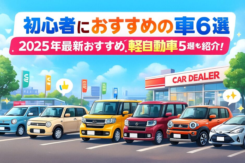 初心者におすすめの車6選と2025年最新の軽自動車5選を紹介するアイキャッチ画像。複数の軽自動車がディーラー前に並んだイラスト。