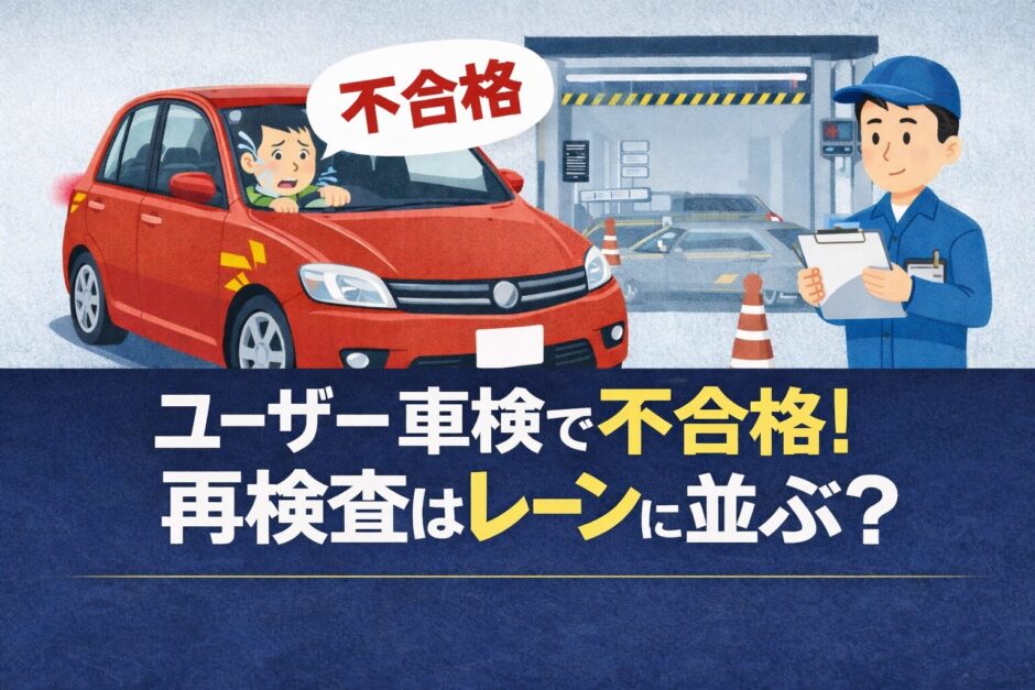 ユーザー車検で不合格になり再検査レーンに並ぶ流れを解説するイラスト