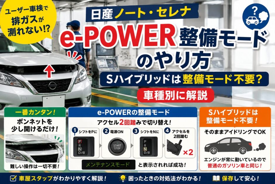 日産ノート・セレナなどe-POWER車の整備モードや排ガス測定対策を解説した記事のアイキャッチ画像。ユーザー車検での対応方法をまとめている。